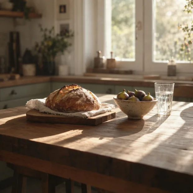 A rustic wooden kitchen table by a window with a freshly baked sourdough loaf, a cerami… — Image generated by MOSS Image Text-To-Image API