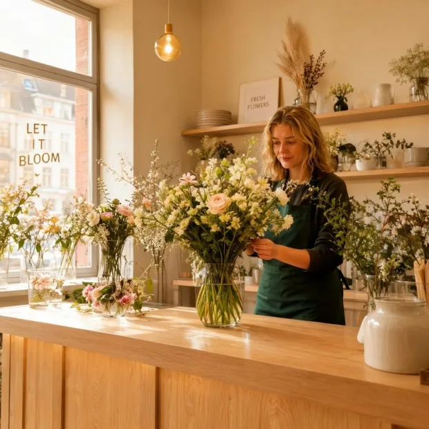 A beautiful neighborhood flower shop in Copenhagen, an adult florist wearing a dark gre… — Image generated by MOSS Image Text-To-Image API