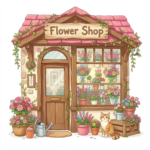 A charming Flower shop exterior in the style of Whymsical Storybook. The storefront fea… — Gambar yang dihasilkan oleh API Flux 2 Klein Text-To-Image