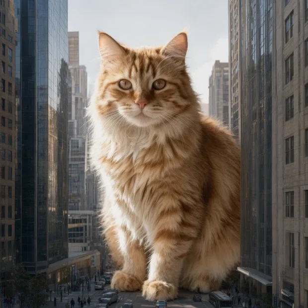 Transform the cat into a colossal creature sitting between city skyscrapers while prese… — Gambar yang dihasilkan oleh API Qwen Image 3.0 Image-To-Image