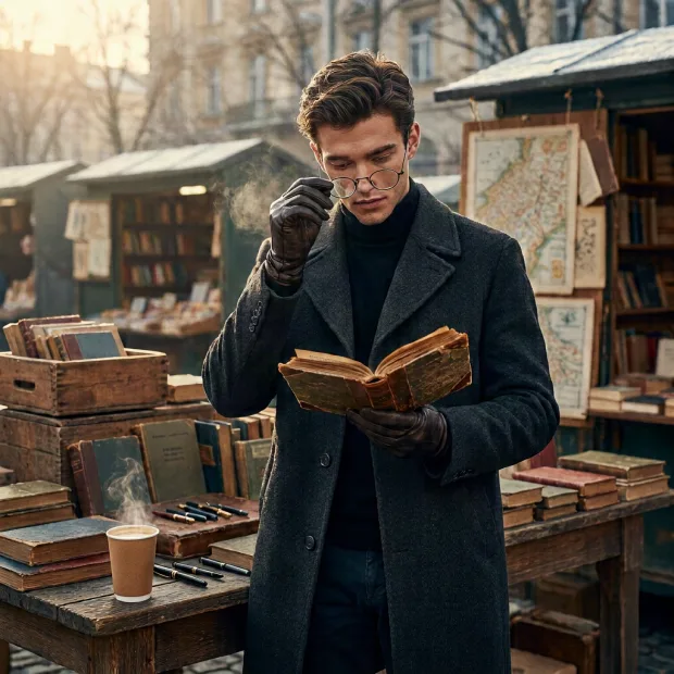 A handsome young man browsing an old outdoor book market in the early morning, wearing … — Image generated by Krea Text-To-Image API