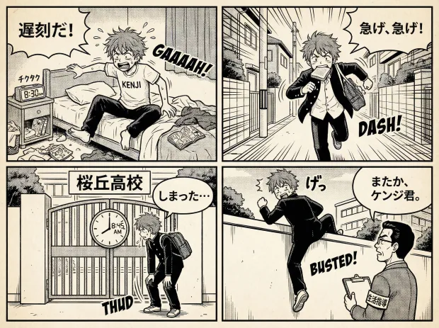 Generate a black-and-white comic for me about a Japanese high school student being late… — Image generated by Nano Banana Pro Text-To-Image API