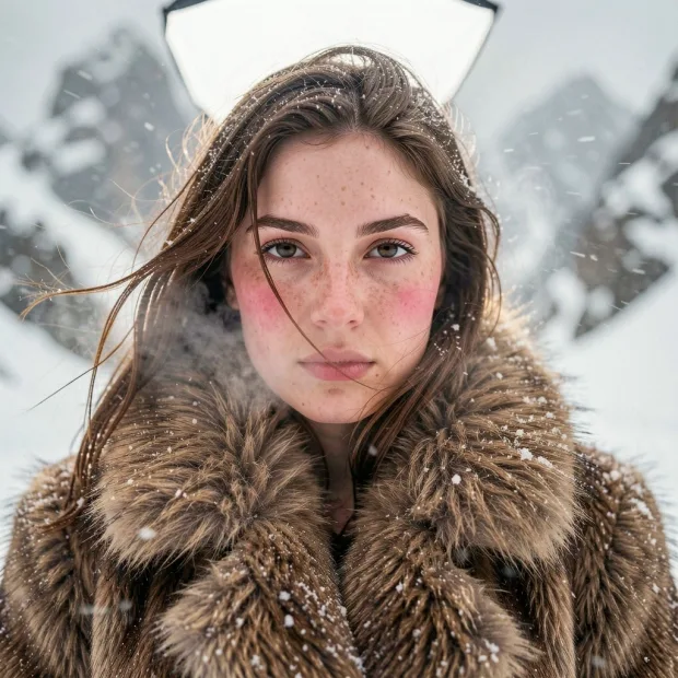 Photoreal cinematic fashion still, expensive outdoor editorial in snowy mountains durin… — Gambar yang dihasilkan oleh API Flux 2 Klein Text-To-Image