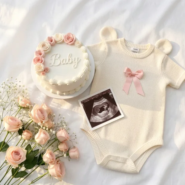 Minimalist flat lay pregnancy announcement, soft white fabric background, a small white… — Gambar yang dihasilkan oleh API Flux 2 Klein Text-To-Image