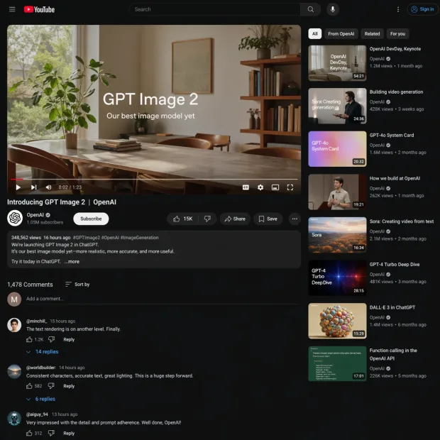 Generate an image: A realistic YouTube screenshot showing the official launchpromotiona… — Image generated by GPT Image 2 Text-To-Image API