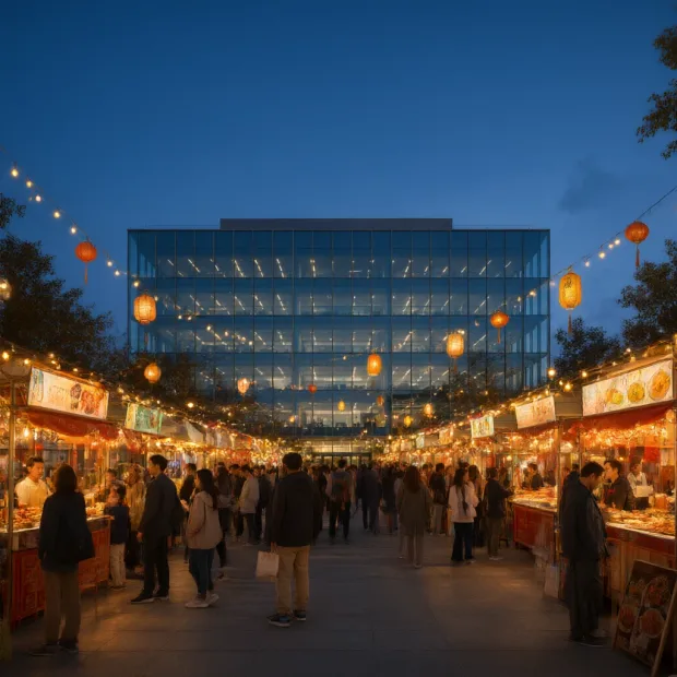 Transform this office building plaza into a lively night market: rows of glowing food s… — Gambar yang dihasilkan oleh API Qwen Image 3.0 Image-To-Image