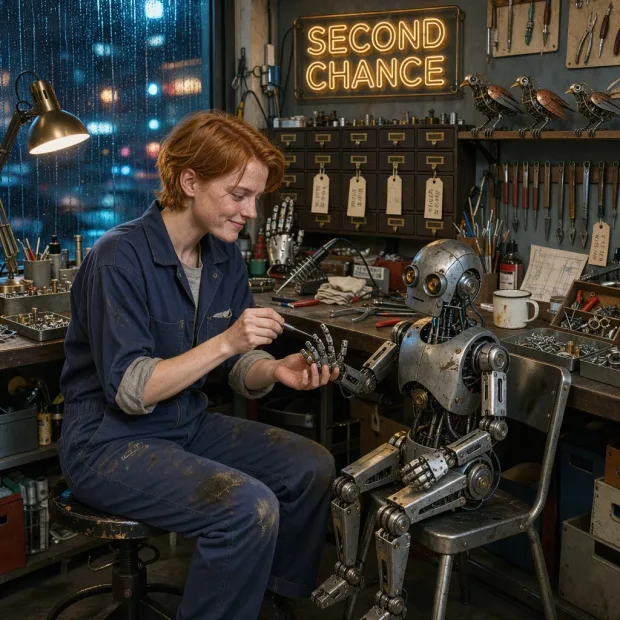A cinematic editorial photograph inside a tiny robot repair shop on a rainy night. A yo… — Image generated by FLUX 3 Text-To-Image API