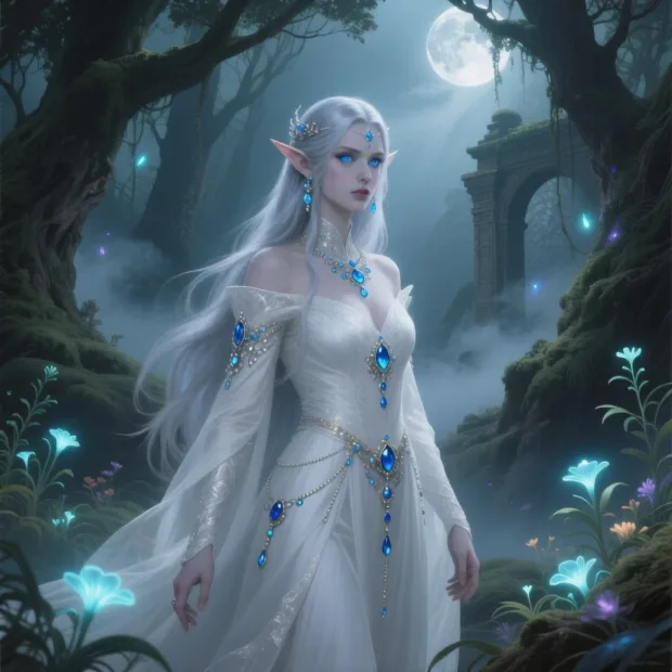 An elven queen with long silver hair and glowing blue eyes, wearing a magnificent white… — Image générée par l’API Qwen Image Text-To-Image