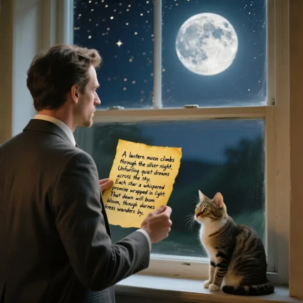 A man in a suit is standing in front of the window, looking at the bright moon outside … — Image générée par l’API Qwen Image Text-To-Image