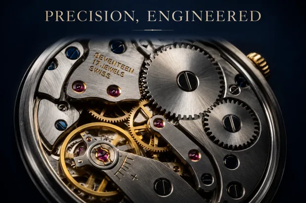 Turn this watch movement photo into a premium print advertisement: add a dark navy back… — Image générée par l’API GPT Image 2.5 Image-To-Image