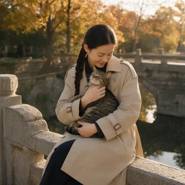The woman from Figure 1 sits on the stone bridge railing in autumn, gently holding the … — Gambar yang dihasilkan oleh API Qwen Image 3.0 Image-To-Image