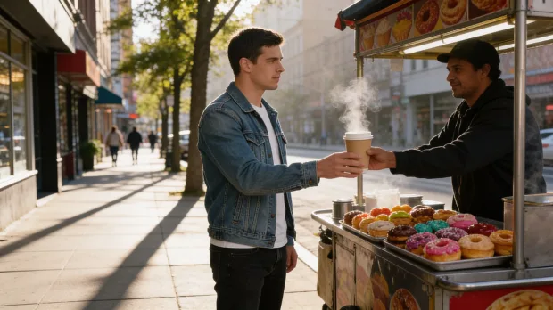 I want to generate 3 images. Create a storyboard of this man's morning in the city: buy… — Image generated by Seedream 4.5 Image-To-Image API