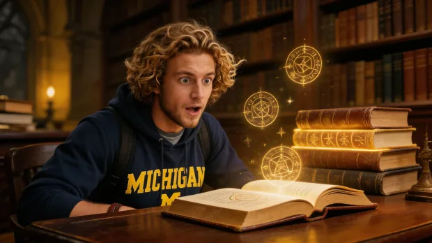 2 images. First, The same young man sitting at the desk, but the books behind him start… — Image generated by Seedream 5 Image-To-Image API
