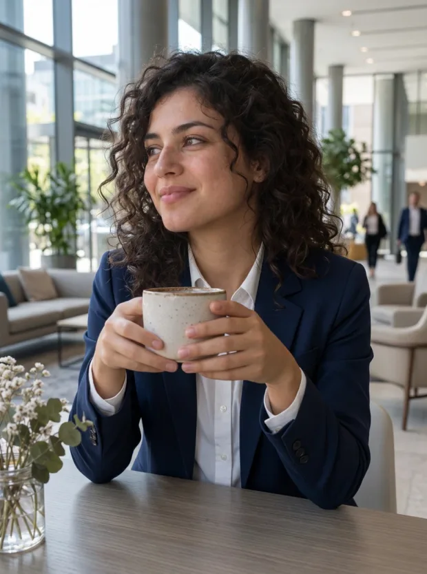 Change her outfit to a tailored navy blazer over a white shirt and move her to a bright… — Image generated by Nano Banana 2.1 Image-To-Image API