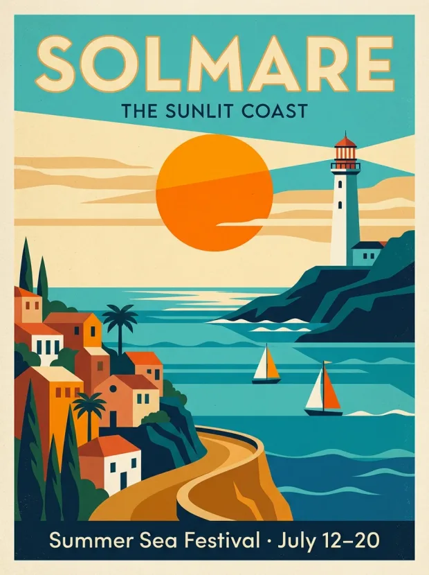 A mid-century modern travel poster for a fictional seaside town. Bold flat shapes: turq… — Image generated by Nano Banana 2.1 Text-To-Image API