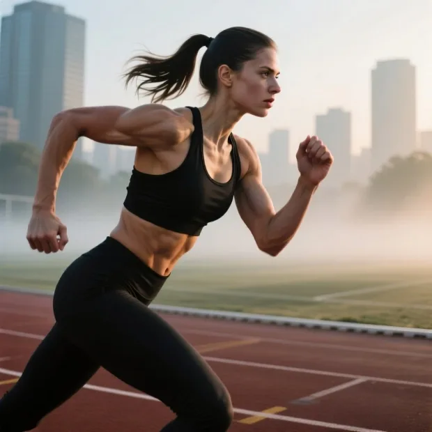 A female athlete with defined muscles and a tight ponytail, preparing for a run. She is… — Image générée par l’API Qwen Image Text-To-Image