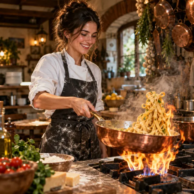 A cheerful young woman chef with rolled sleeves tossing fresh pasta in a steaming coppe… — Image générée par l’API GPT Image 2.5 Text-To-Image
