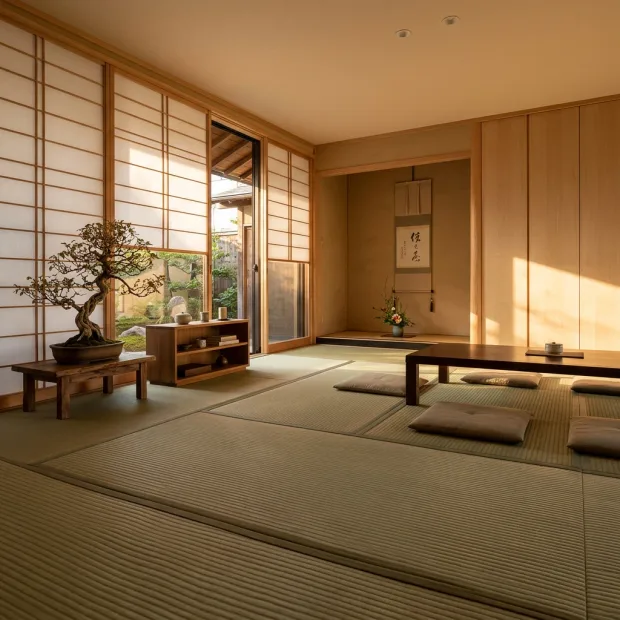 Interior photo of a minimalist Japanese-style living room with low wooden furniture, ta… — Image generated by Nano Banana 2.1 Text-To-Image API