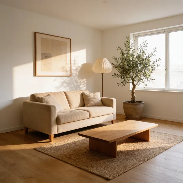 Furnish and decorate this empty living room in a warm Japandi style. Keep the room shap… — Image generated by Seedream 4.5 Image-To-Image API