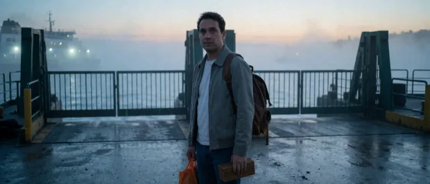 A cinematic coastal mystery still of a foreign adult man waiting at an empty ferry term… — Image generated by Krea Text-To-Image API