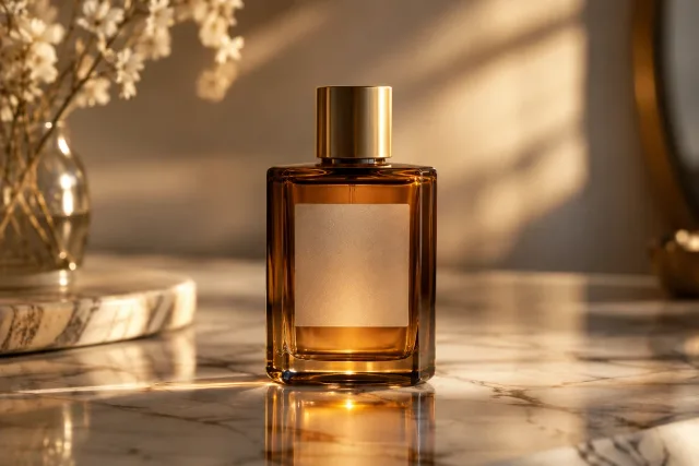 A cinematic product photo of an unbranded amber glass perfume bottle with a plain frosted-glass label and no text or logo, on a marble surface, soft golden-hour lighting, shallow depth of field, elegant reflections, premium editorial photography style