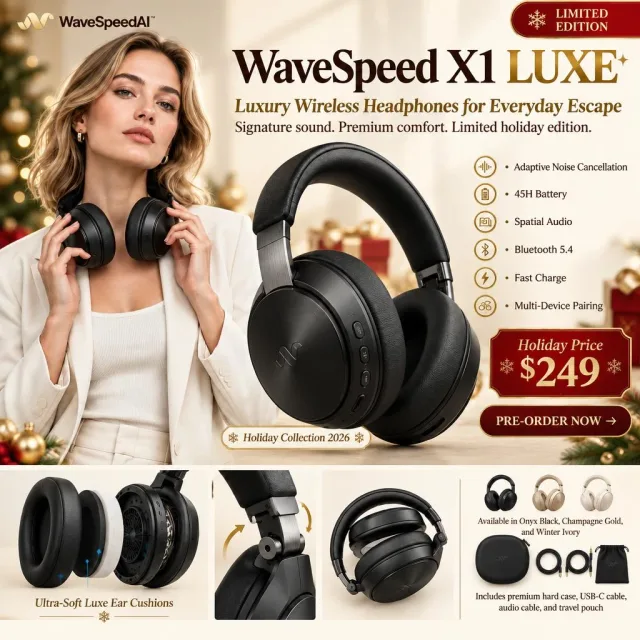 Preserve the same woman, same face, same pose, same headphones product design, same overall layout structure, same camera angle, and the same premium commercial advertising style.

Redesign the image into a bold limited-edition holiday launch campaign while keeping the poster highly polished and product-focused.

Change the color accents from subtle blue to deep red and warm gold. Update the typography styling to feel slightly more festive and luxurious, while preserving clean commercial readability and strong layout hierarchy.

Replace the text exactly as follows, keeping all text perfectly spelled, aligned, and clearly legible:

Change the main headline from:
“WaveSpeed X1”
to:
“WaveSpeed X1 LUXE”

Change the subheadline from:
“Wireless Headphones for Focused Listening”
to:
“Luxury Wireless Headphones for Everyday Escape”

Change the marketing line from:
“Immersive sound. All-day comfort. Up to 40 hours battery life.”
to:
“Signature sound. Premium comfort. Limited holiday edition.”

Change the feature list to:
“• Adaptive Noise Cancellation”
“• 45H Battery”
“• Spatial Audio”
“• Bluetooth 5.4”
“• Fast Charge”
“• Multi-Device Pairing”

Change the price badge from:
“Launch Price $199”
to:
“Holiday Price $249”

Change the call-to-action button from:
“SHOP NOW”
to:
“PRE-ORDER NOW”

Change the small bottom text from:
“Available in Black, Silver, and Sand”
to:
“Available in Onyx Black, Champagne Gold, and Winter Ivory”

Change the small accessory line from:
“Includes carrying case, USB-C cable, and 3.5 mm audio cable”
to:
“Includes premium hard case, USB-C cable, audio cable, and travel pouch”

Change the small product callout from:
“Premium Memory Foam Cushions”
to:
“Ultra-Soft Luxe Ear Cushions”

Change the small corner label from:
“NEW”
to:
“LIMITED EDITION”

Add one extra small elegant label near the product close-up:
“Holiday Collection 2026”

Keep the product rendering realistic and detailed, preserve the woman's identity and styling, and ensure all updated text is sharp, professional, and perfectly readable. Premium commercial product poster, photorealistic, polished, typography-rich, visually refined.