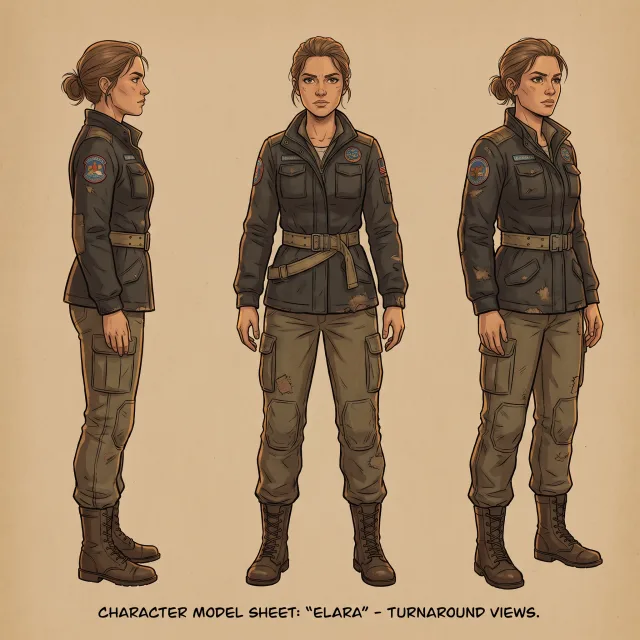 Same female character, 3-angle turnaround (front, side, 3/4), consistent face and lighting, detailed outfit texture, animation design sheet.