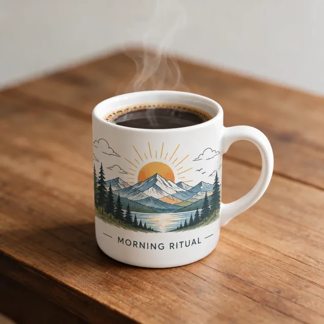 Turn this plain mug into a product mockup: print a hand-drawn illustration of a mountain sunrise wrapping around the mug, with the words "MORNING RITUAL" in clean sans-serif letters beneath it. Add steam rising from fresh coffee inside, keep the table and lighting.