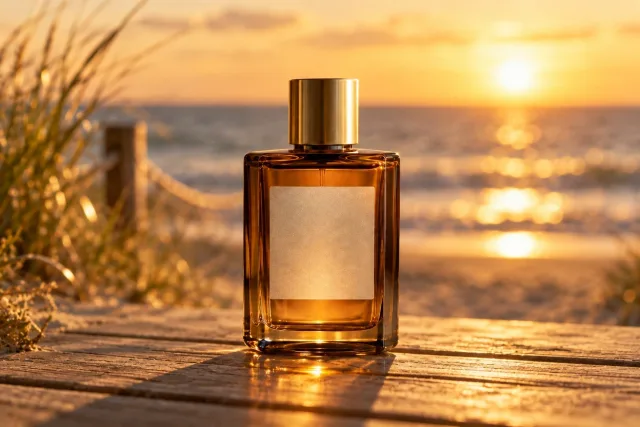 Place this exact perfume bottle on a sunlit beach boardwalk at golden hour, ocean and soft bokeh in the background, keep the bottle design, blank label and proportions unchanged, no text or logos