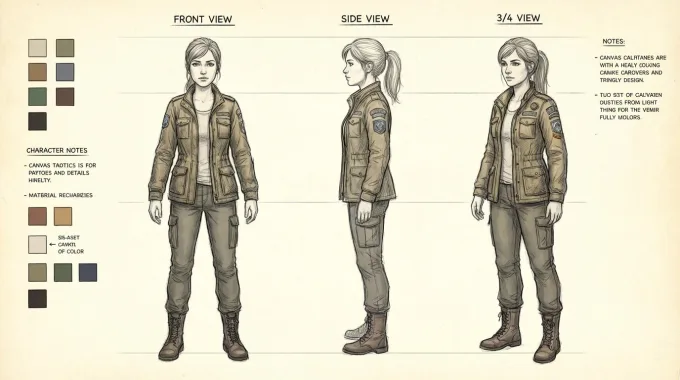 Same female character, 3-angle turnaround (front, side, 3/4), consistent face and lighting, detailed outfit texture, animation design sheet.