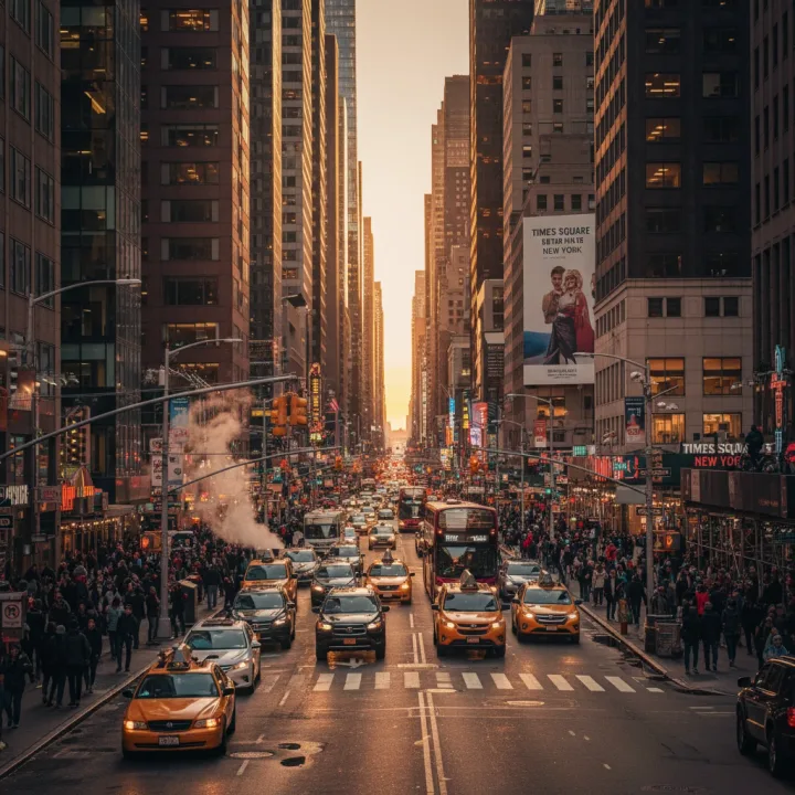A bustling New York street at sunset, golden light reflecting on skyscrapers, cinematic lighting  