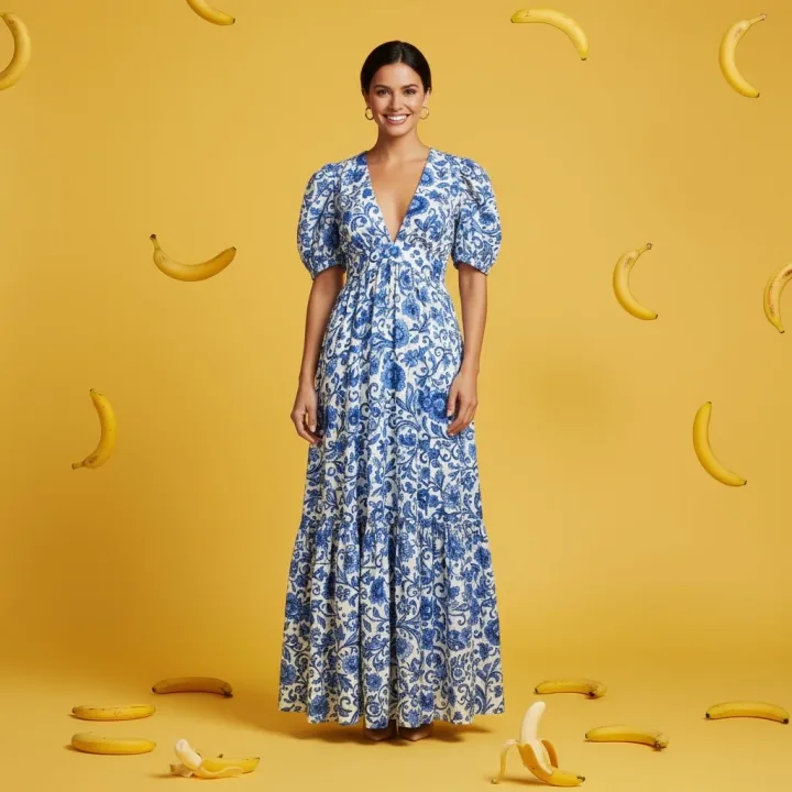 Create a professional e-commerce fashion photo. Select the blue floral dress from the first image and have the woman in the second image wear it. Generate a realistic full-body photo of the woman wearing the dress, with a yellow-tinted background scattered with bananas, and adjust the lighting and shadows to match the background.