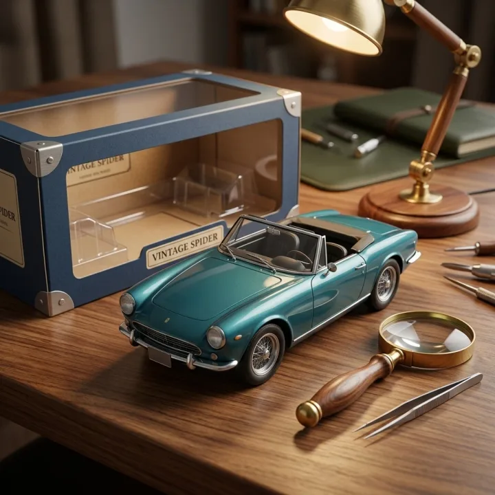 Turn this car into a highly detailed 1:18 scale die-cast collectible model sitting on a wooden desk next to its open display box, with a desk lamp, a magnifying glass and tweezers nearby. Keep the teal color and exact car design, no logos, realistic macro photography.