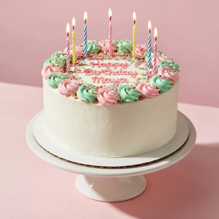 Decorate this cake for a birthday party: add pastel pink and mint buttercream rosettes around the edge, colorful sprinkles, lit candles on top and the words "Happy Birthday Maya" piped in pink icing on the top. Keep the cake stand and pink background.
