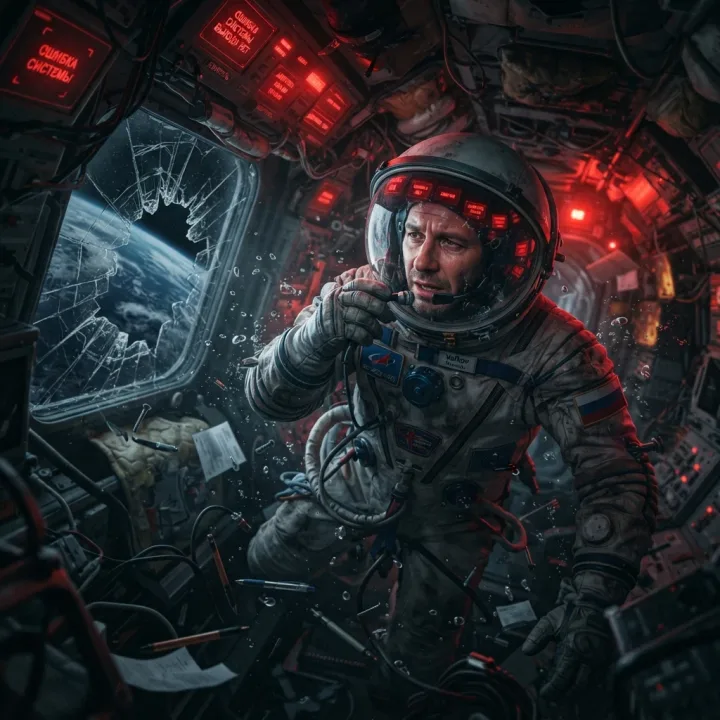 A foreign astronaut floating inside a damaged spacecraft cabin, red emergency lights flashing, Earth visible through a cracked window, loose objects drifting around him, microphone near his mouth, helmet visor reflecting warning screens, claustrophobic sci-fi composition, emotional final-message storytelling, cinematic realism