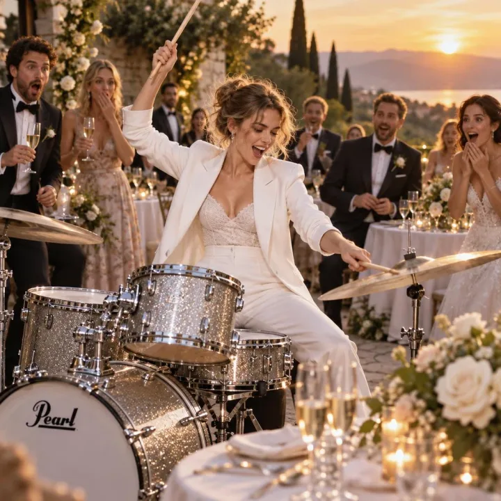 A cool young European woman in a sharp white suit performing an energetic drum solo in the middle of an elegant outdoor wedding reception, captured with one drumstick raised above her head and the other striking a cymbal, surprised guests in formal clothing surrounding her, champagne glasses and flower arrangements vibrating on nearby tables, golden sunset light, cinematic celebration photography, rebellious joyful energy.