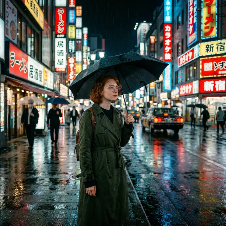 A young woman with short red hair and round glasses wearing a dark green trench coat, standing in a rainy Tokyo street at night. Neon signs reflected in puddles. Cinematic still, anamorphic lens look.