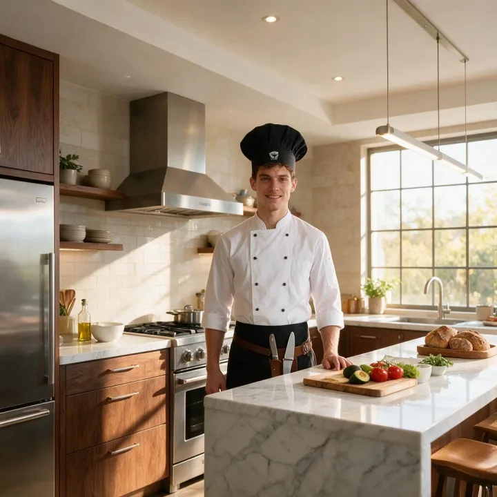 Transform this image into a premium kitchen appliance commercial. Preserve the chef's face, chef jacket, posture, and kitchen composition. Upgrade the kitchen into a bright, modern luxury kitchen with elegant countertops, warm sunlight, polished appliances, clean reflections, fresh ingredients, and a professional lifestyle advertisement atmosphere. Keep it realistic, clean, warm, and trustworthy.