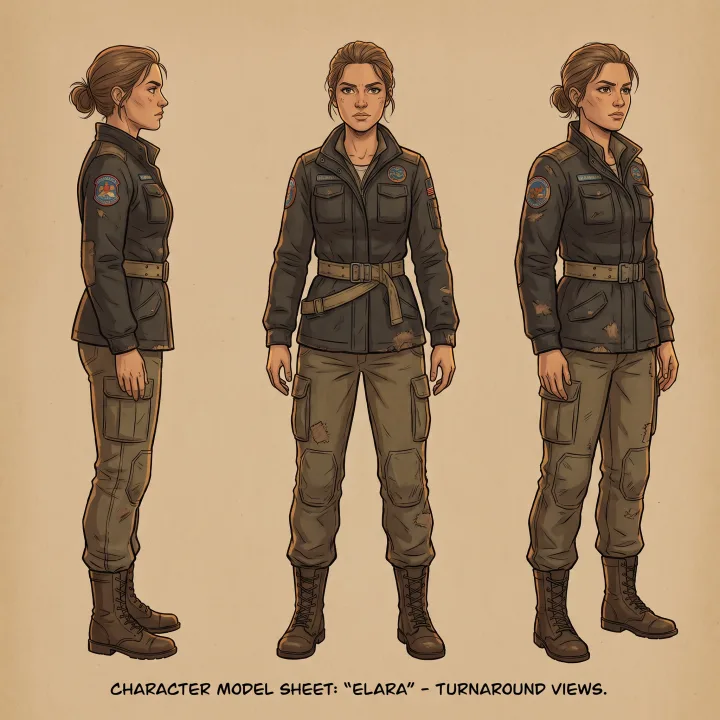 Same female character, 3-angle turnaround (front, side, 3/4), consistent face and lighting, detailed outfit texture, animation design sheet.