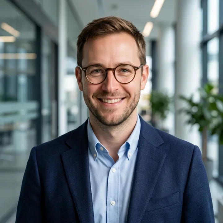 Turn this photo into a polished corporate headshot. Keep his face, glasses and smile exactly the same. Dress him in a navy blazer with a light blue shirt, use a soft blurred modern office background and professional studio lighting.