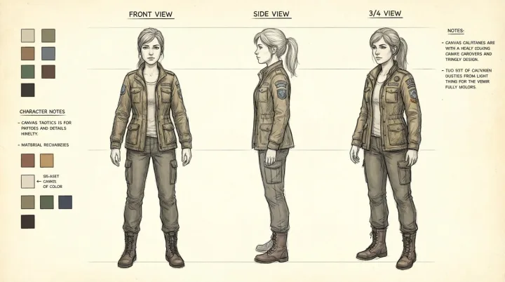 Same female character, 3-angle turnaround (front, side, 3/4), consistent face and lighting, detailed outfit texture, animation design sheet.