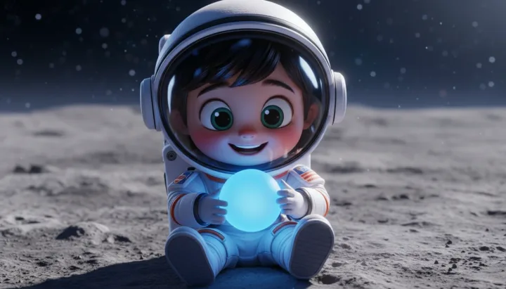 Change the background to the moon, and the boy is holding a round ball in his hand.
