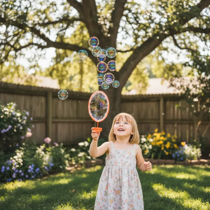 A little girl blowing soap bubbles in a backyard, sunlight making rainbow colors in the bubbles, candid photography style.