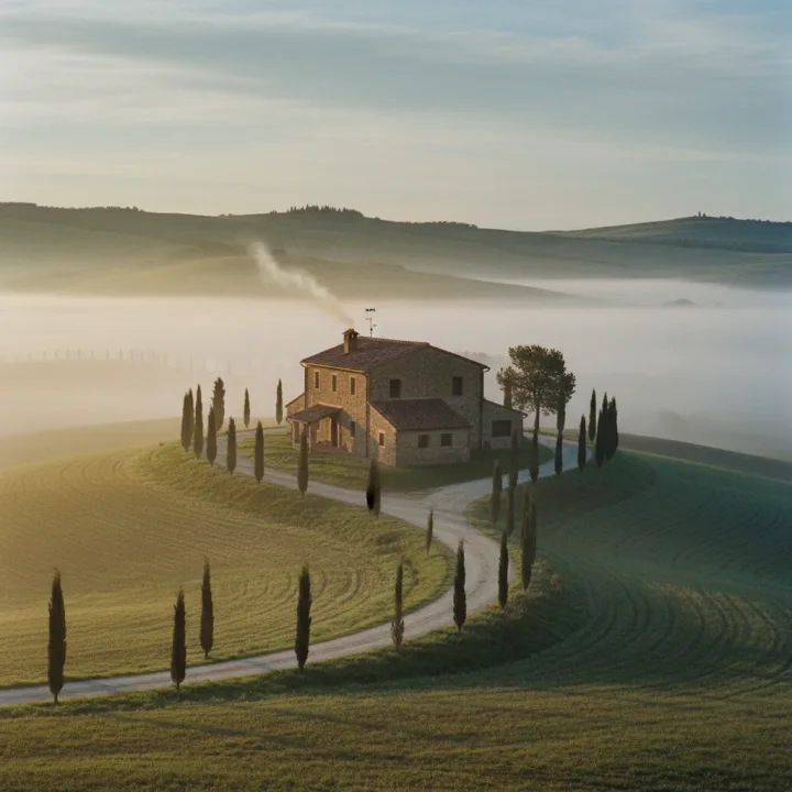 A breathtaking, National Geographic style photograph of a rustic stone farmhouse in Tuscany, Italy, at sunrise. A gentle morning mist blankets the rolling hills, partially obscuring the cypress trees that line a winding dirt road leading to the house. Warm, golden light from the rising sun breaks through the fog, illuminating the terracotta roof and a small wisp of smoke rising from the chimney. The scene feels timeless and tranquil. Shot on Kodak Portra 400 film for rich colors and soft grain. Wide-angle lens, capturing the grand scale and serene beauty of the landscape.