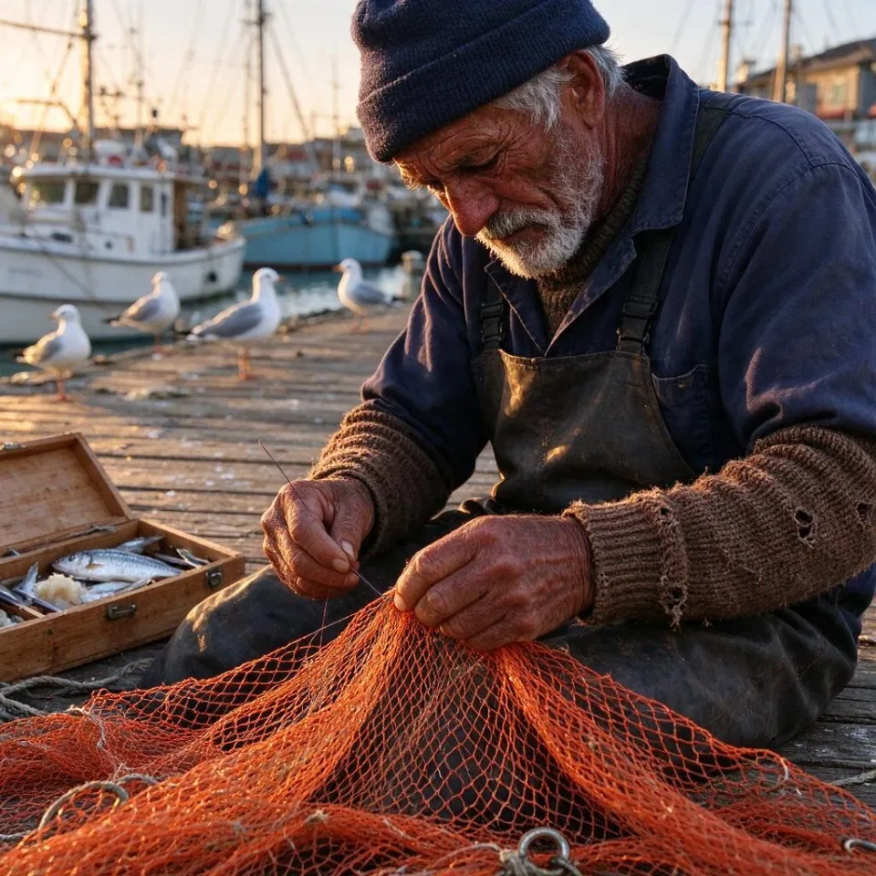 Editorial street photograph of an elderly fisherman mending a bright orange net on a wooden harbor pier at golden hour, weathered hands in sharp focus, gulls and moored boats softly blurred behind him, natural film grain, 85mm lens, warm low sunlight.