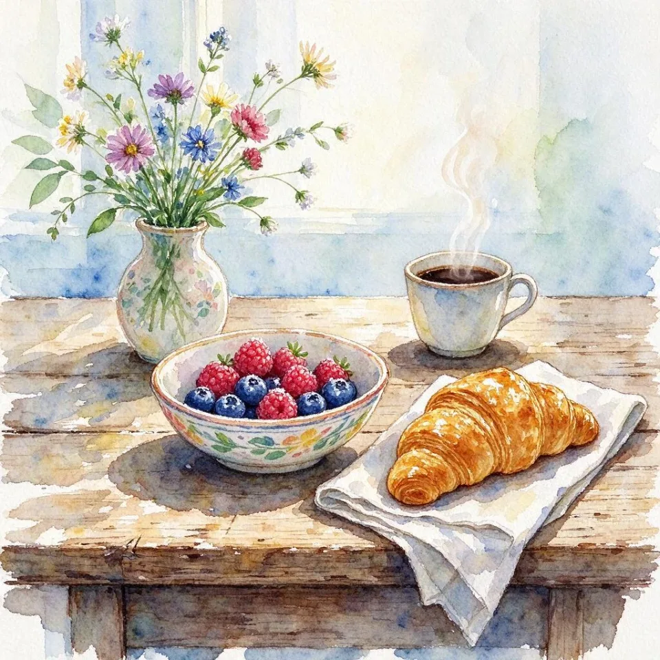 Loose watercolor painting of a rustic breakfast table: a bowl of berries, a croissant, a cup of coffee and a small vase of wildflowers, soft bleeding pigments, visible paper texture, light airy morning feeling.
