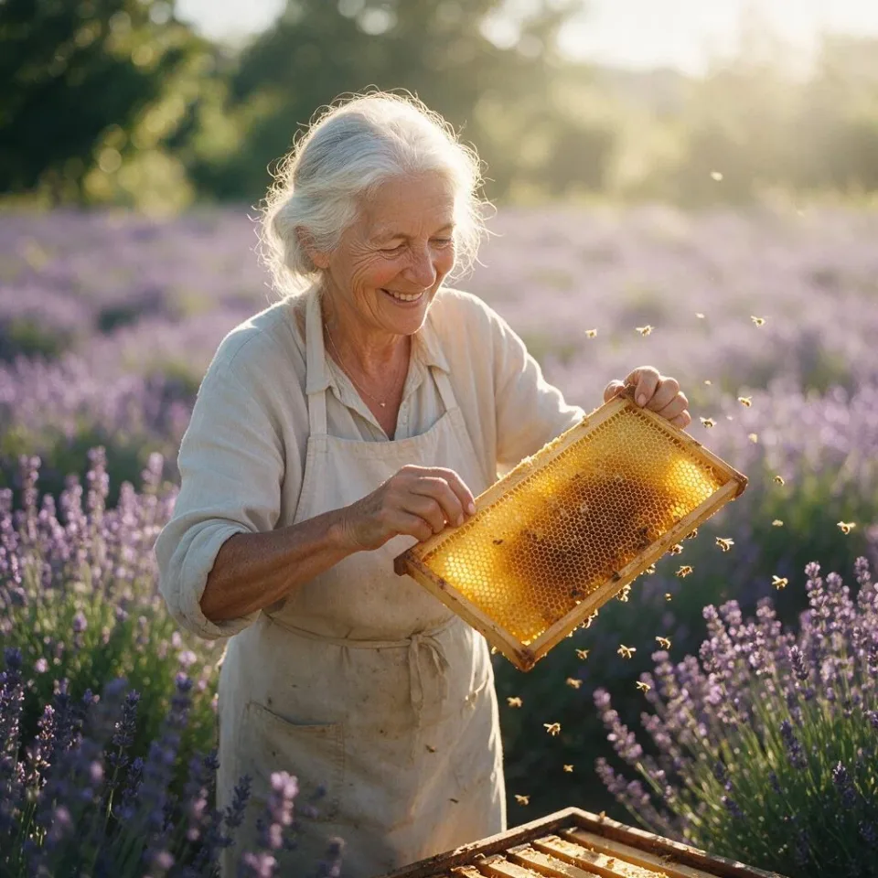 An elderly woman beekeeper with silver hair and a warm smile inspecting a golden honeycomb frame in a sunlit lavender field, bees glowing in backlight, soft summer haze, documentary portrait photography, rich detail