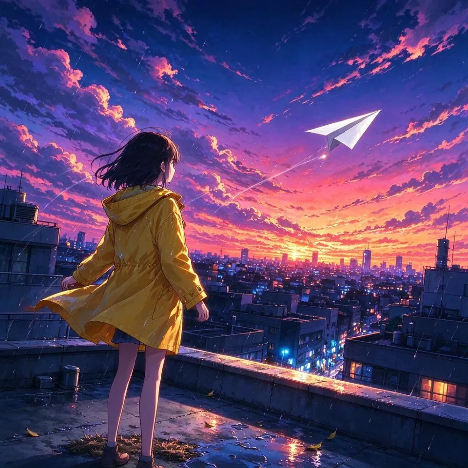 Anime-style illustration of a girl with a yellow raincoat standing on a rooftop at dusk, city lights beginning to glow below, a paper plane caught in the wind, vivid sunset gradient sky, detailed clouds, cinematic lighting, crisp line art.