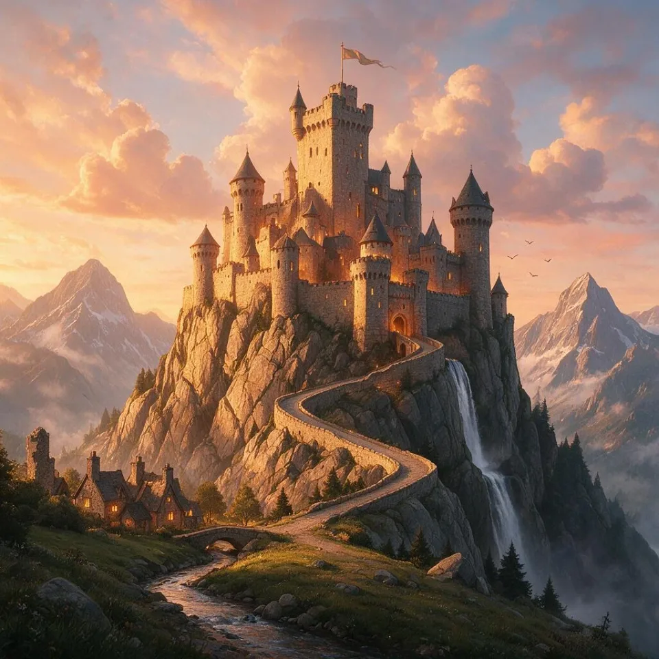 Turn this pencil sketch into a photorealistic fantasy matte painting. Keep the exact castle layout, towers, cliff and winding path from the sketch. Render it at golden sunset with warm light on stone walls, glowing windows, drifting clouds, a waterfall falling from the cliff and birds in the sky, epic cinematic scale.