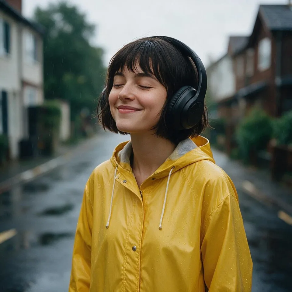 Create a premium lifestyle ad: the woman from Figure 1 wears the black over-ear headphones from Figure 2 and smiles with her eyes closed, enjoying music in the rain. Keep her face, bob haircut and yellow raincoat unchanged. Keep the headphones design exactly as shown, no logos. Soft cinematic lighting, shallow depth of field.